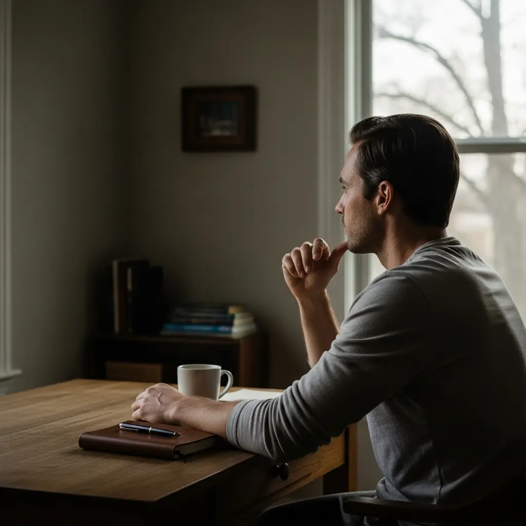 man sitting at a wooden desk with a notebook and coffee cup near a window