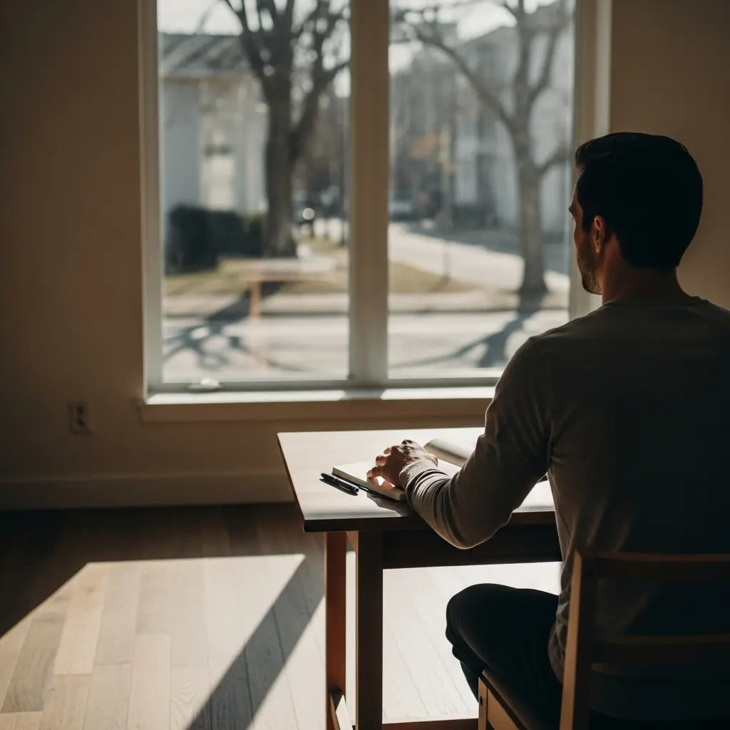 man sitting at a wooden table with a notebook near a large sunlit window
