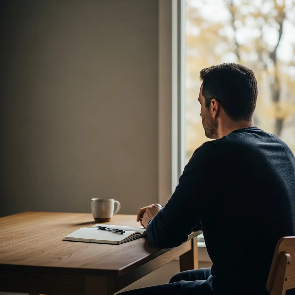 man sitting at a wooden table with a notebook and coffee cup looking out a window
