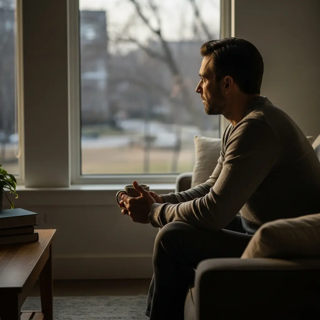 man sitting on a couch holding a mug near a large window in soft daylight
