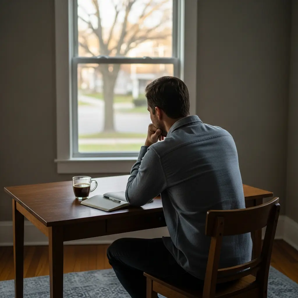 man sitting at a wooden table looking out a window with a notebook and coffee nearby