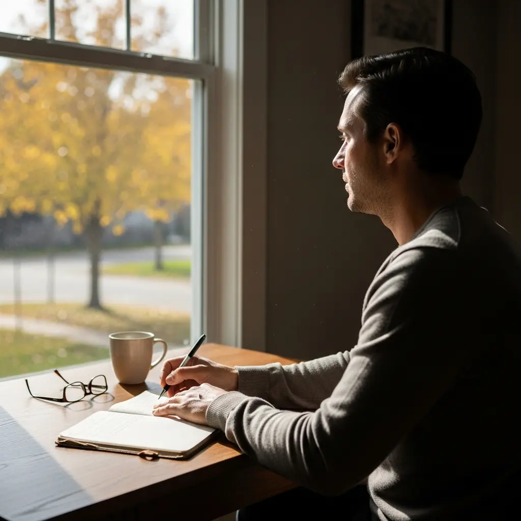man writing in a notebook at a table beside a window on a sunny day